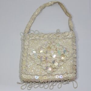 Vintage Handbag Purse Beaded White Pearly FEZ Sequins Small Iridescent